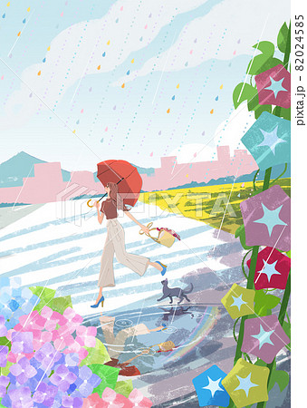 雨の中を傘をさして走る女の子と猫 朝顔 あじさいのイラストのイラスト素材