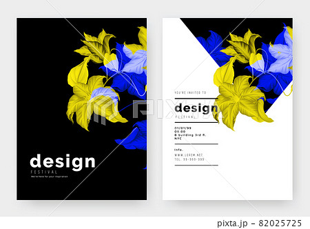 Minimalist botanical invitation card template design, clematis flowers in vibrant yellow and blue Minimalist botanical invitation card template design, clematis flowers in vibrant yellow and blue 82025725
