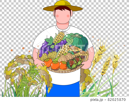 秋の収穫 稲や麦 果物 野菜を持っている農夫のイラスト素材