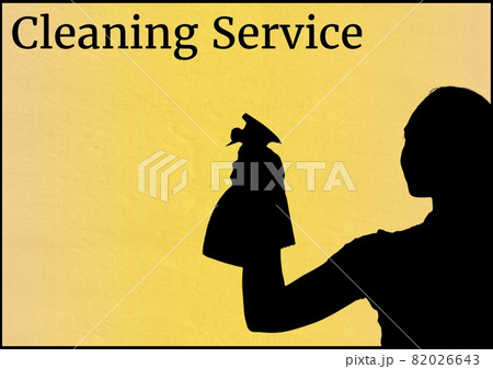 Cleaning service text against silhouette of woman cleaning with a water sprayer on yellow background 82026643