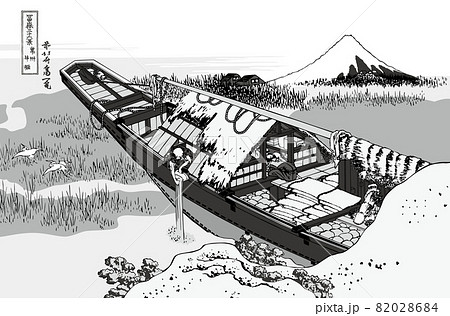 葛飾北斎イメージ常州牛堀題名入り白黒白バック 82028684