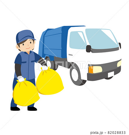 ごみ収集車と笑顔の清掃員の女性（カラー） 82028833
