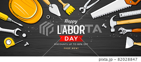 Happy labor day sale, construction tools, design on black wood background 82028847