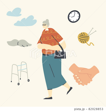 Seniors Help and Support Concept. Old Grey Haired Woman in Glasses Walk Outdoors. Aged Female Character 82028853