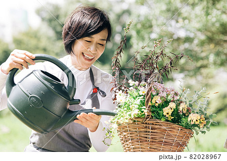 花の手入れ・寄せ植え・ガーデニングをする日本人女性 82028967