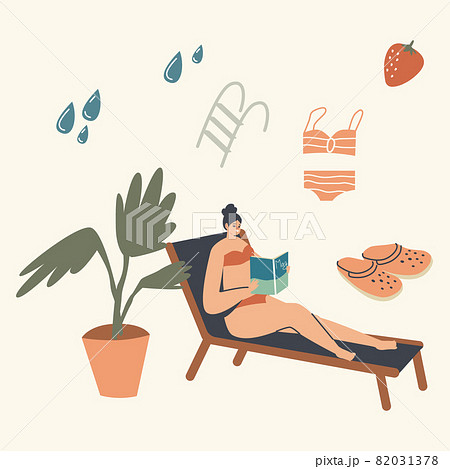 Woman in Bikini Sitting on Deck Chair at Pool or Beach Read Interesting Book. Female Character Bookworm 82031378