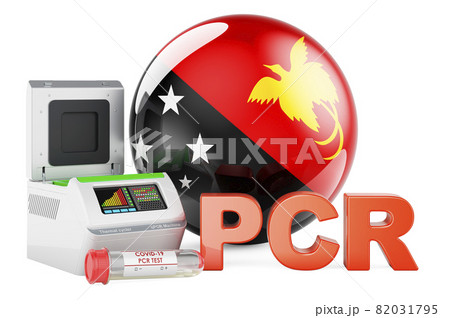 PCR test for COVID-19 in Papua New Guinea, concept. PCR thermal cycler with Papuan New Guinean flag, 3D rendering PCR test for COVID-19 in Papua New Guinea, concept. PCR thermal cycler with Papuan New Guinean flag, 3D rendering 82031795