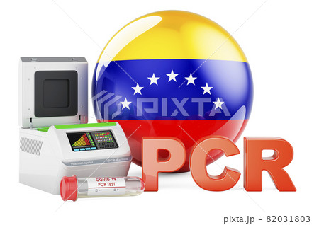 PCR test for COVID-19 in Venezuela, concept. PCR thermal cycler with Venezuelan flag, 3D rendering PCR test for COVID-19 in Venezuela, concept. PCR thermal cycler with Venezuelan flag, 3D rendering 82031803