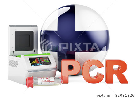 PCR test for COVID-19 in Finland, concept. PCR thermal cycler with Finnish flag, 3D rendering PCR test for COVID-19 in Finland, concept. PCR thermal cycler with Finnish flag, 3D rendering 82031826