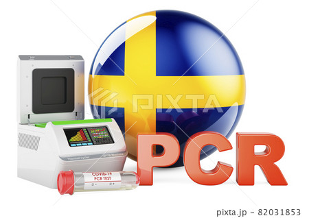PCR test for COVID-19 in Sweden, concept. PCR thermal cycler with Swedish flag, 3D rendering PCR test for COVID-19 in Sweden, concept. PCR thermal cycler with Swedish flag, 3D rendering 82031853