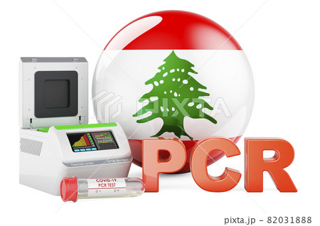 PCR test for COVID-19 in Lebanon, concept. PCR thermal cycler with Lebanese flag, 3D rendering PCR test for COVID-19 in Lebanon, concept. PCR thermal cycler with Lebanese flag, 3D rendering 82031888