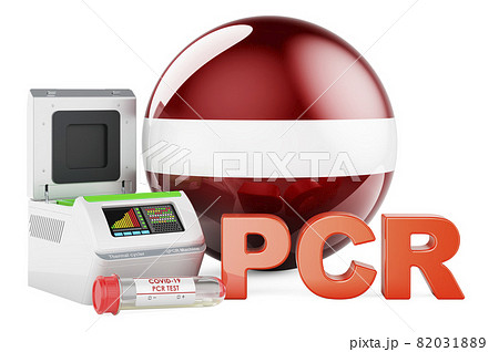PCR test for COVID-19 in Latvia, concept. PCR thermal cycler with Latvian flag, 3D rendering 82031889