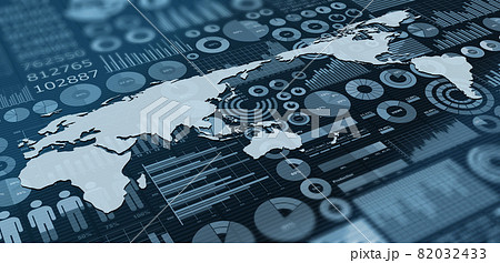 円グラフや棒グラフの様々なビジネス資料と世界地図 世界の経済イメージのイラスト素材