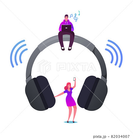 Young Characters Listen Music on Player or Mobile Phone Using Wireless Headphones 82034007