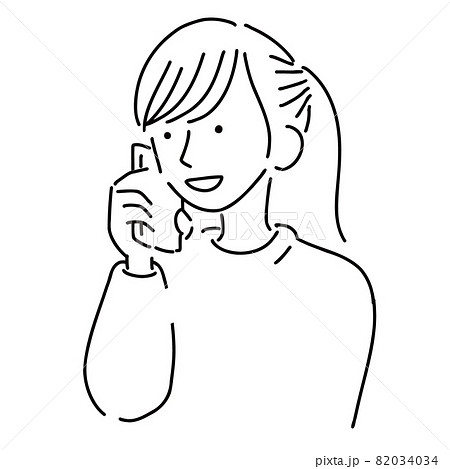 スマホで通話する女性のシンプルイラスト アウトライン モノクロのイラスト素材