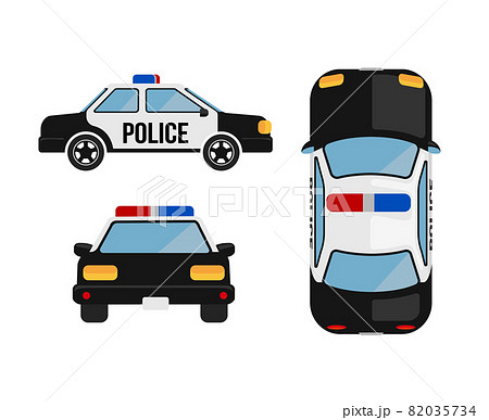 アメリカのパトカー 警察車両 カラーイラストセット 前面 側面 俯瞰 のイラスト素材