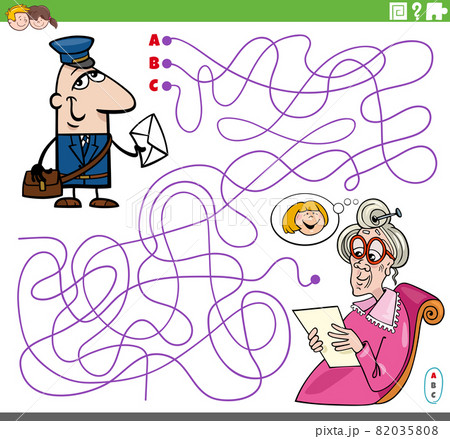 maze game with cartoon postman and senior woman maze game with cartoon postman and senior woman 82035808