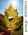 Leaf with the Alps view through the heart shape cut 82036012