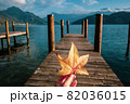 Hand holding a yellow autumn leaf at the pier 82036015