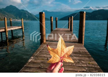 Hand holding a yellow autumn leaf at the pier 82036015