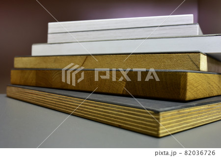 Samples of solid wood, wooden furniture MDF and fiberboards. Building Material for Construction.  82036726