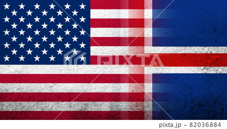 United States of America (USA) national flag with National flag of Iceland. Grunge background 82036884