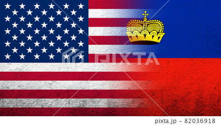 United States of America (USA) national flag with Liechtenstein National flag. Grunge background 82036918
