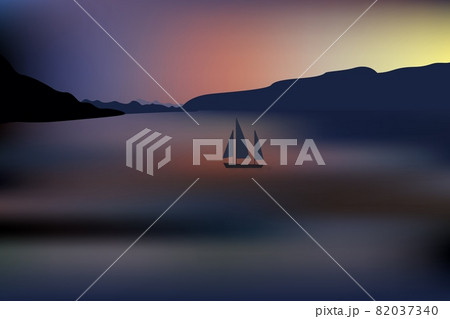 Beautiful sunset over the ocean with distant mountain and sailing yacht. 82037340