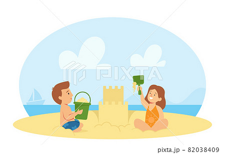 Boy and Girl Characters in Swimwear Playing on Sea Beach Building Sand Castle. Kids Having Fun on Summer Vacation Boy and Girl Characters in Swimwear Playing on Sea Beach Building Sand Castle. Kids Having Fun on Summer Vacation 82038409