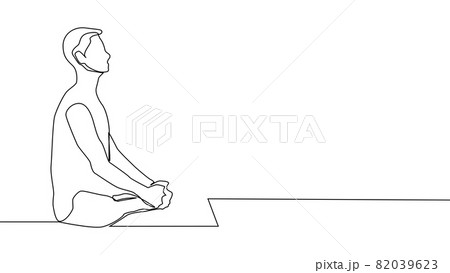 Yoga, woman, man practices yoga while sitting in the lotus position. Continuous line drawing 82039623