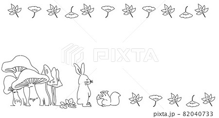 白黒線画のきのこと可愛い動物達のフレームのイラスト素材 白黒線画のきのこと可愛い動物達のフレームのイラスト素材