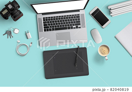 Minimal work space : Laptop, camera, coffee, camera, pen, pencil, notebook, smartphone, stationery on blue background for copy space. Minimal work space : Laptop, camera, coffee, camera, pen, pencil, notebook, smartphone, stationery on blue background for copy space. 82040819