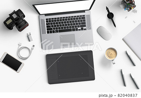 Minimal work space : Laptop, camera, coffee, camera, pen, pencil, notebook, smartphone, stationery on white background for copy space. Minimal work space : Laptop, camera, coffee, camera, pen, pencil, notebook, smartphone, stationery on white background for copy space. 82040837
