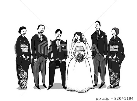 新郎新婦と親族 両親 花嫁 ドレス3 女性 和装 洋装 ウエディングドレス 結婚 ウエディングのイラスト素材