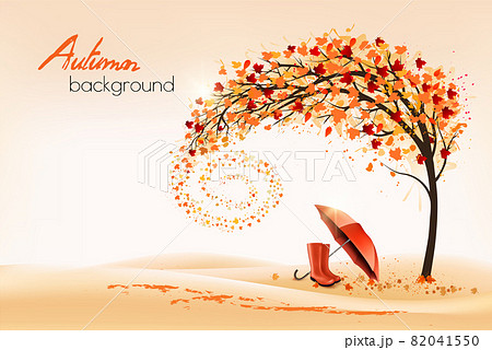 Hello a gold autumn. Autumn landscape with colorful leaves on the tree and umbrella with rain boots in a park on a background. Vector Hello a gold autumn. Autumn landscape with colorful leaves on the tree and umbrella with rain boots in a park on a background. Vector 82041550