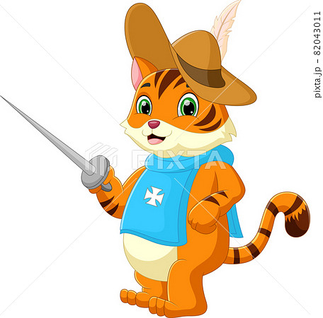 Cartoon Cat Holding A Sword And Wearing A Hatのイラスト素材