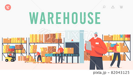 Warehouse Landing Page Template. Workers Characters Loading, Stacking Goods with Forklift. Accounting and Packing Cargo 82043125