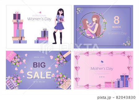 Card for the international mother s day Vector illustration for March 8 with flowers and greetings. Banner with the number 8 and text. A woman holds a little girl in her arms, mother and daughter Card for the international mother s day Vector illustration for March 8 with flowers and greetings. Banner with the number 8 and text. A woman holds a little girl in her arms, mother and daughter 82043830