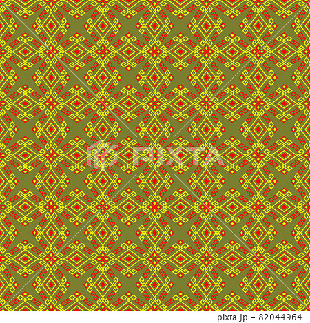 Yellow Red Symmetry Geometric Tribal or Native Seamless Pattern on Green Background 82044964