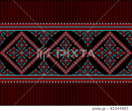 Red Turquoise Symmetry Geometric Native or Tribe Seamless Pattern on Black Background 82044965