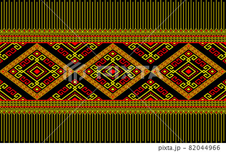 Yellow Red Symmetry Geometric Native or Tribal Seamless Pattern on Black Background 82044966