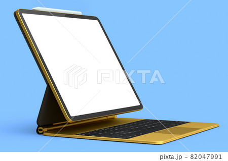 Computer tablet with gold keyboard and blank screen isolated on blue background. 82047991