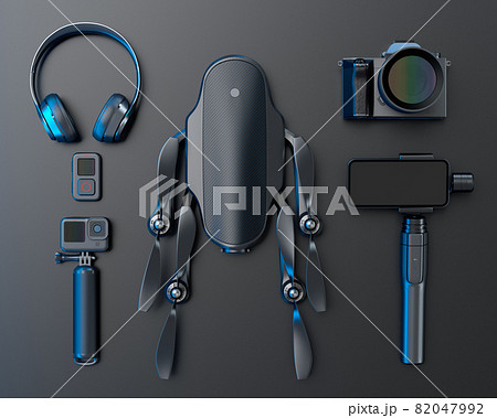 Top view of designer workspace and photography gear on black table background 82047992