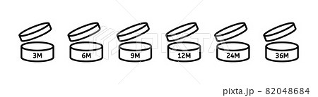 PAO icons. Period after opening. 3, 6, 9, 12, 24 36 months logo. Vector open cosmetic sign PAO icons. Period after opening. 3, 6, 9, 12, 24 36 months logo. Vector open cosmetic sign 82048684