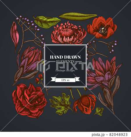Square floral design on dark background with viburnum, hypericum, tulip, aster, leucadendron 82048923