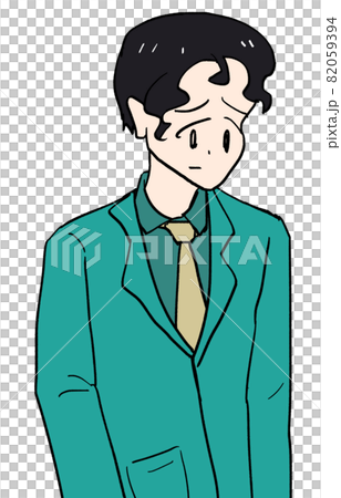 A man in a green suit with his eyebrows bent and looking down with a troubled face A man in a green suit with his eyebrows bent and looking down with a troubled face 82059394