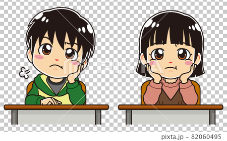 席に座って不満げな顔をしている小学生の男の子と女の子 席に座って不満げな顔をしている小学生の男の子と女の子 82060495