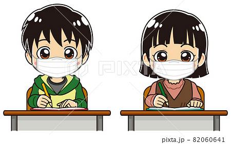 ノートをとっている小学生の男の子と女の子(マスク着用) ノートをとっている小学生の男の子と女の子(マスク着用) 82060641