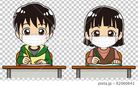 ノートをとっている小学生の男の子と女の子(マスク着用) ノートをとっている小学生の男の子と女の子(マスク着用) 82060641
