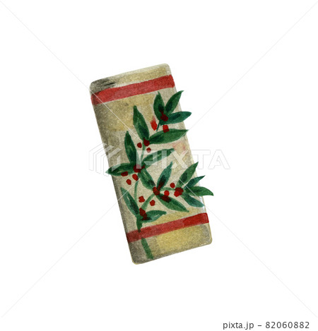 hand drawn Christmas gift with decorations. Watercolor illustration  82060882